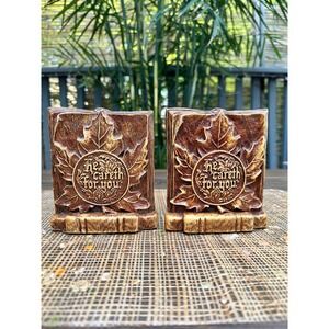 Vintage Syroco Wood Maple Leaf Bookends He Careth For You Religious Brown Pair